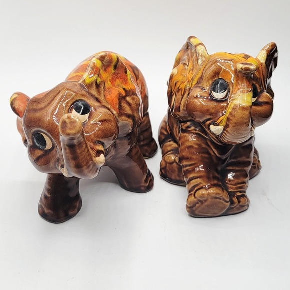Other - California Originals 1970s Elephant Figurines Pair Brown Drip Glaze Vintage